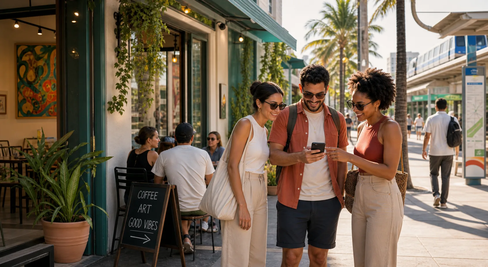 People discovering a Miami cafe and gallery district near transit while checking a phone
