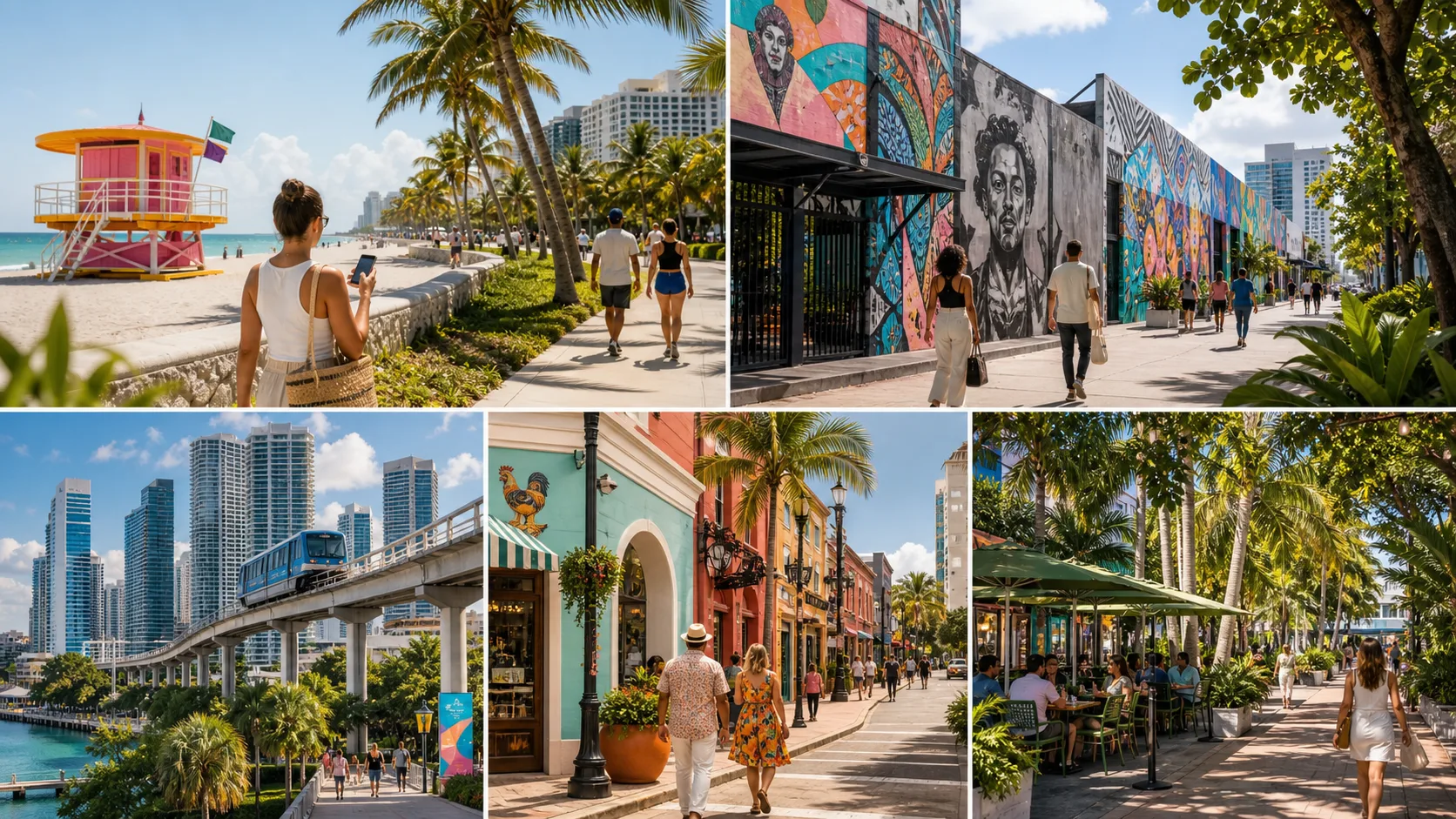 A mosaic of Miami neighborhoods including South Beach, Wynwood murals, downtown transit, Little Havana, and Coconut Grove