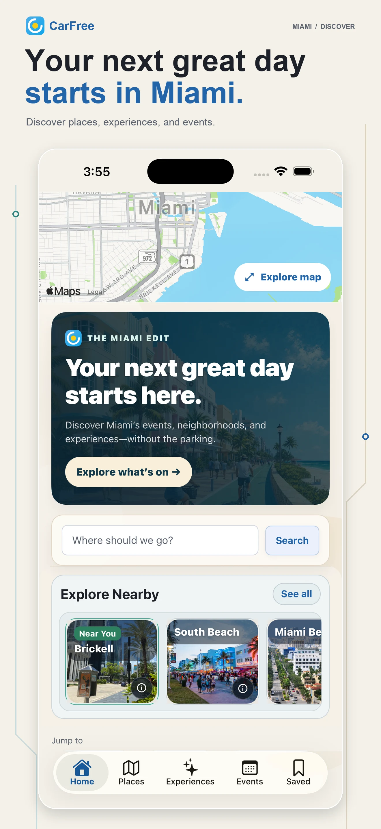 CarFree home with a Miami map, destination search, and nearby neighborhoods
