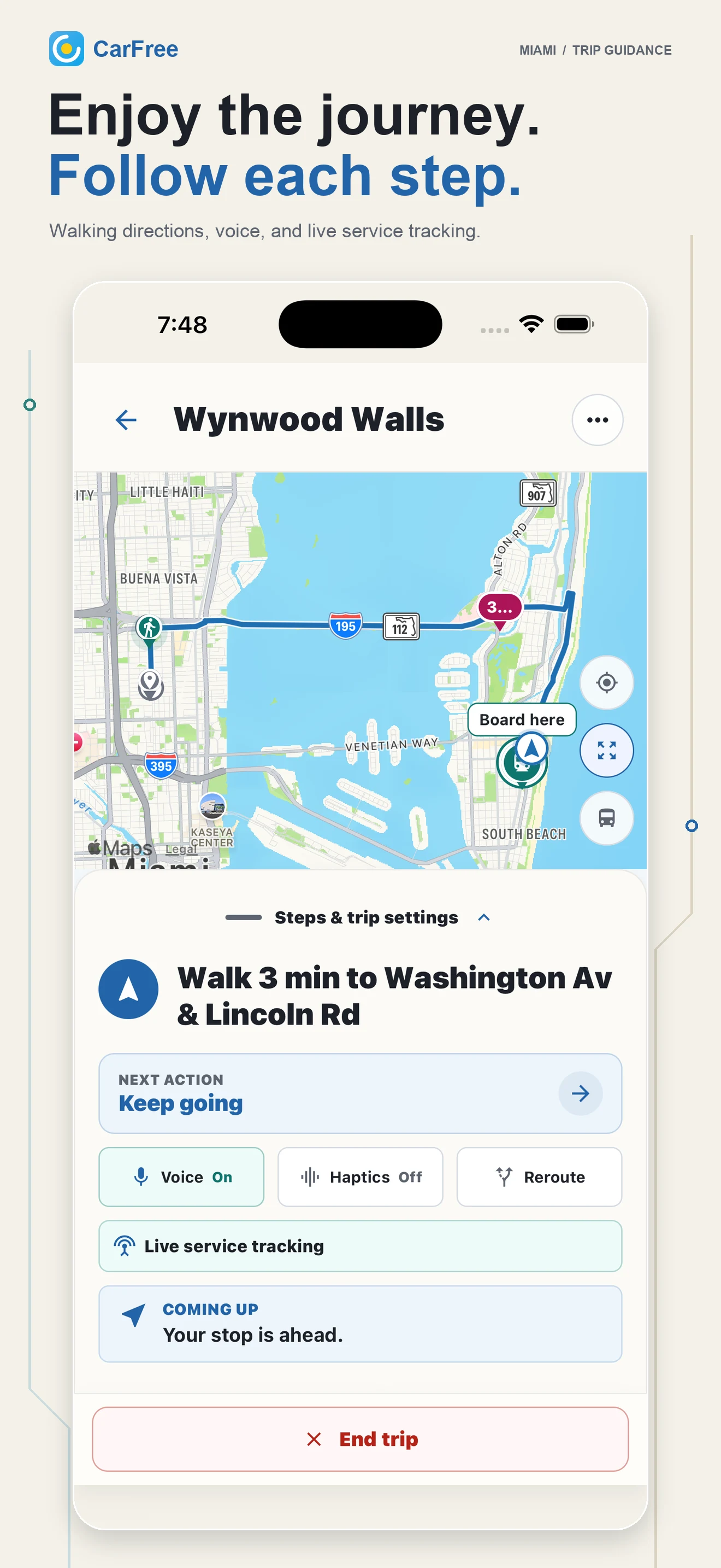 CarFree trip guidance with walking directions, voice controls, and live service tracking