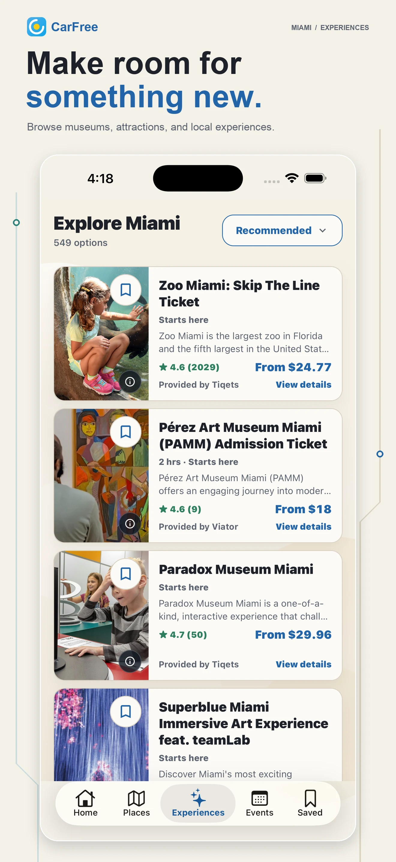 CarFree experiences with museums, attractions, ratings, and provider options