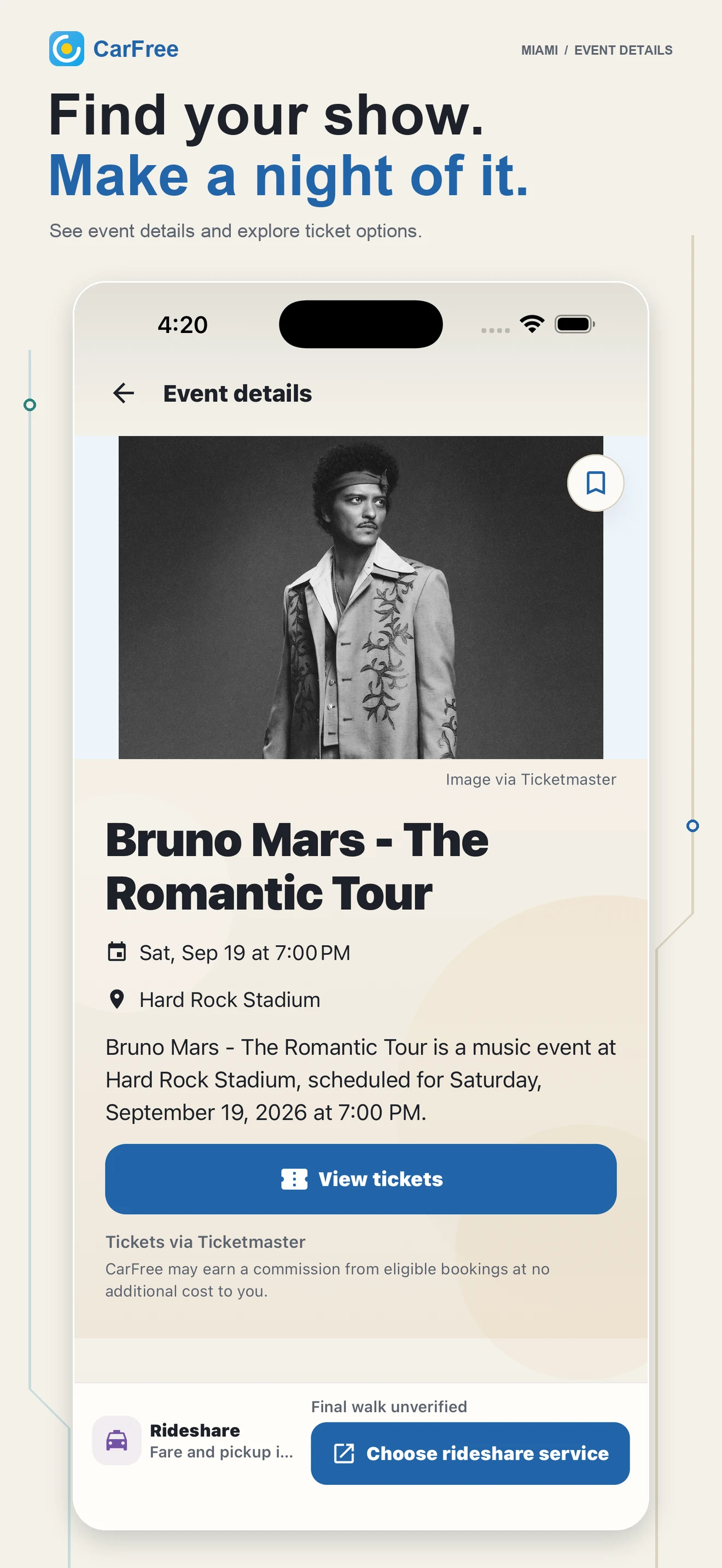 CarFree event details with date, venue, and Ticketmaster options