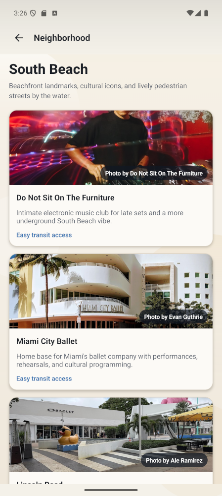CarFree neighborhood detail screen showing curated places in South Beach
