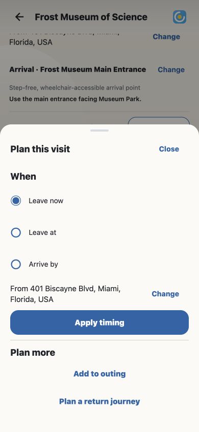 CarFree timing selector with Leave now, Leave at, and Arrive by options, planned from an entered starting address