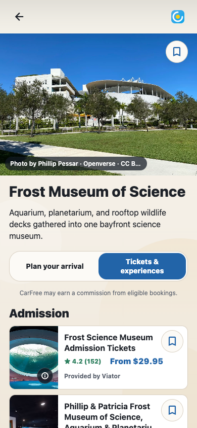 Frost Museum ticket and experience options with provider names in CarFree