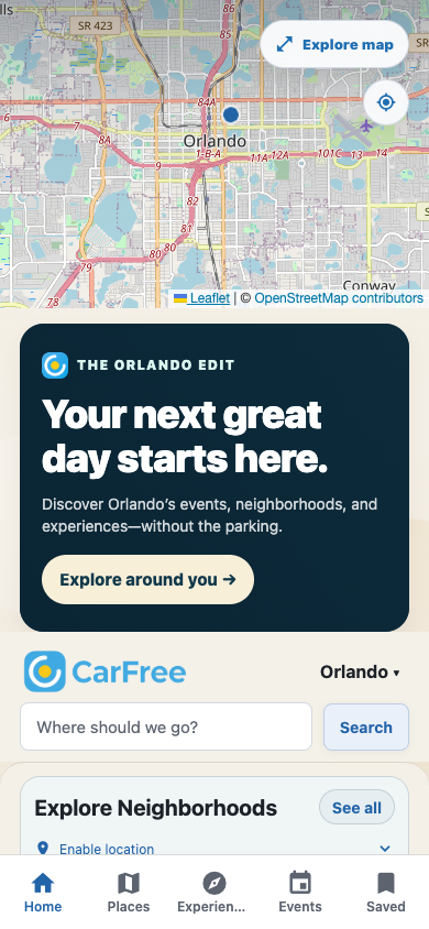 CarFree home showing Orlando discovery, its city selector, and destination search