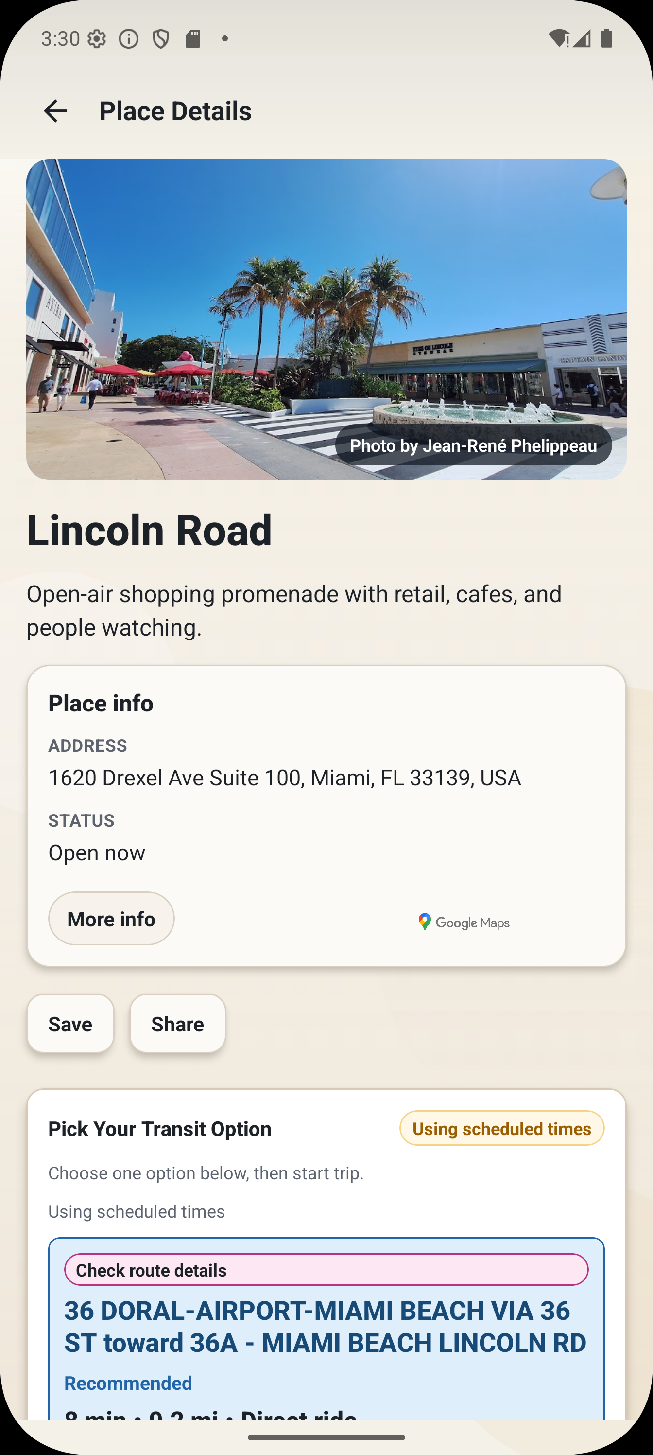 CarFree place details screen with a highlighted destination and transit options