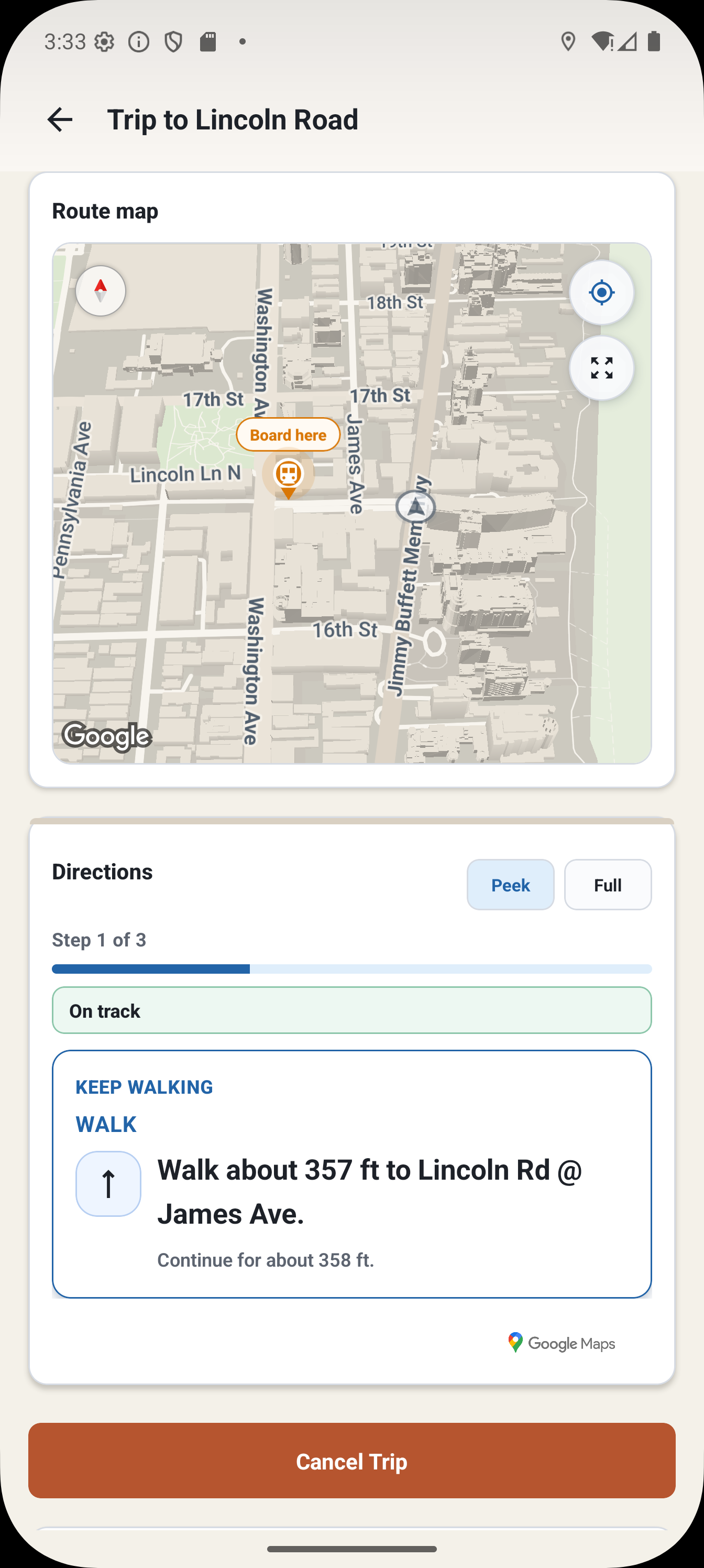 CarFree trip mode screen with route map, progress state, and navigation directions