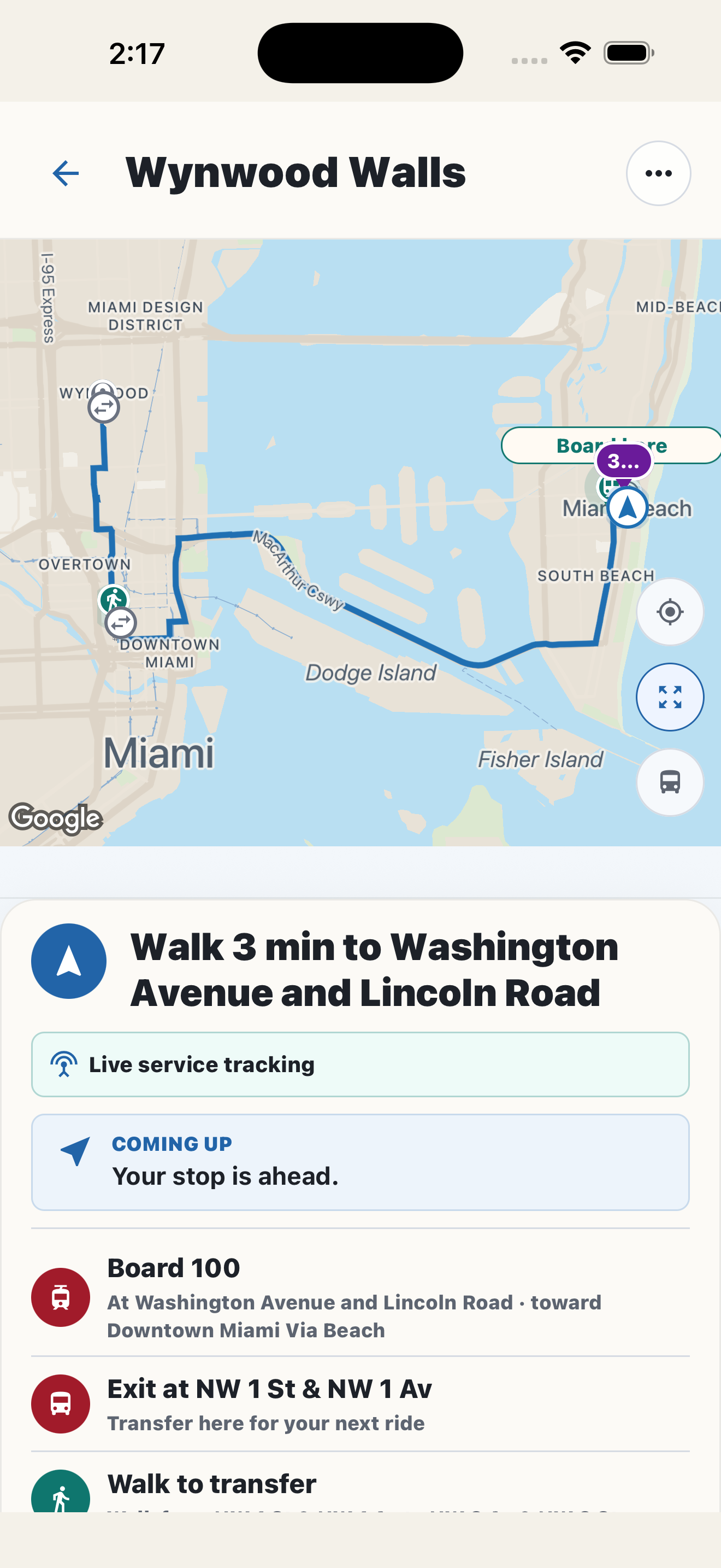 Active CarFree trip guidance with the full route, live service tracking, next action, and step-by-step instructions