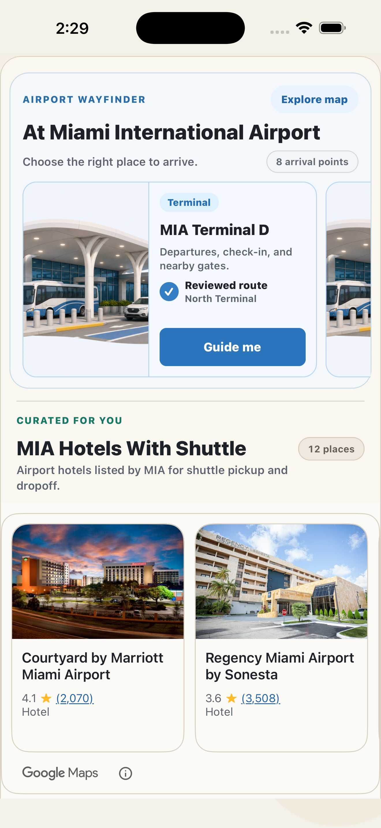 Airport Wayfinder at Miami International Airport with reviewed terminal arrival points