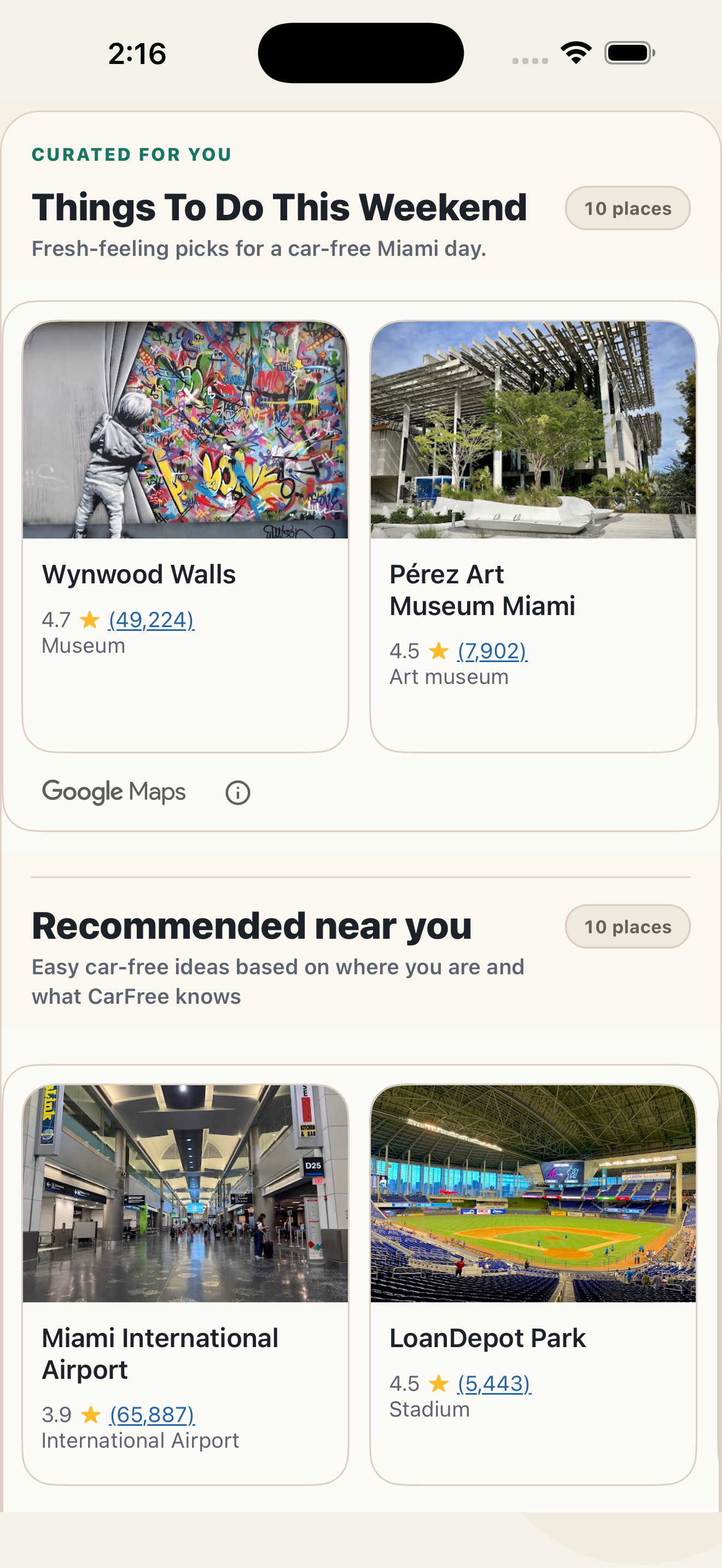 CarFree curated rails showing things to do and recommended places near the user