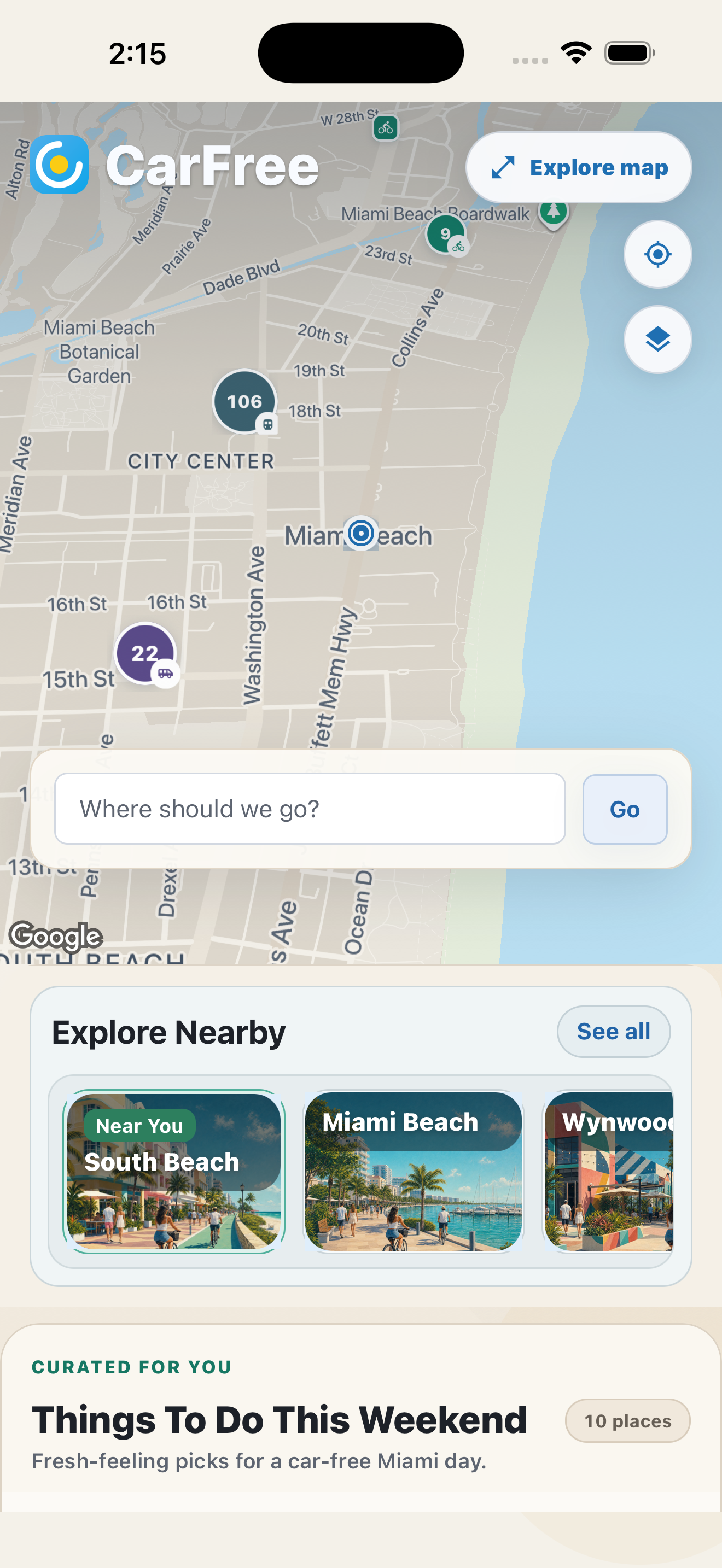 CarFree home screen with a Miami map, destination search, nearby places, and curated recommendations