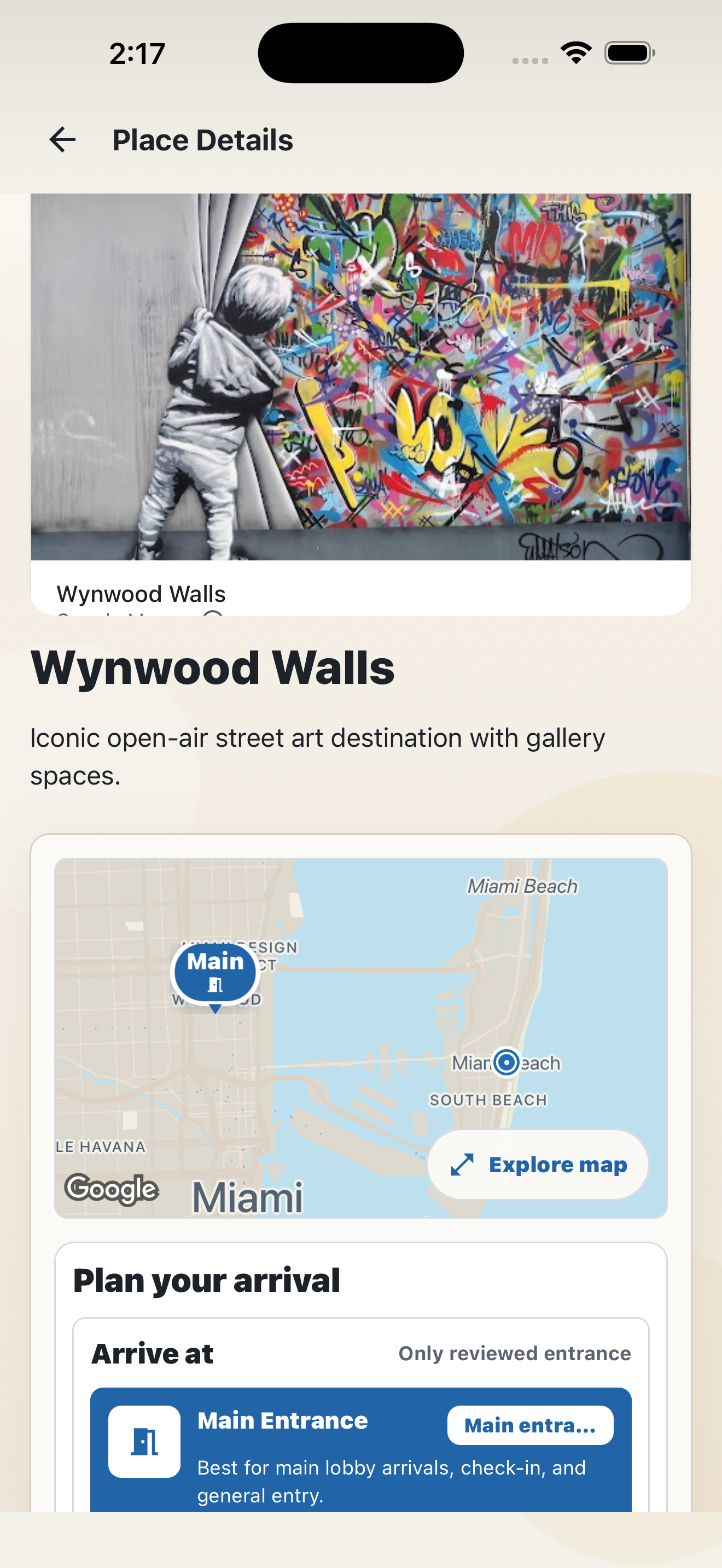 Wynwood Walls place details with an image, description, map, and reviewed entrance