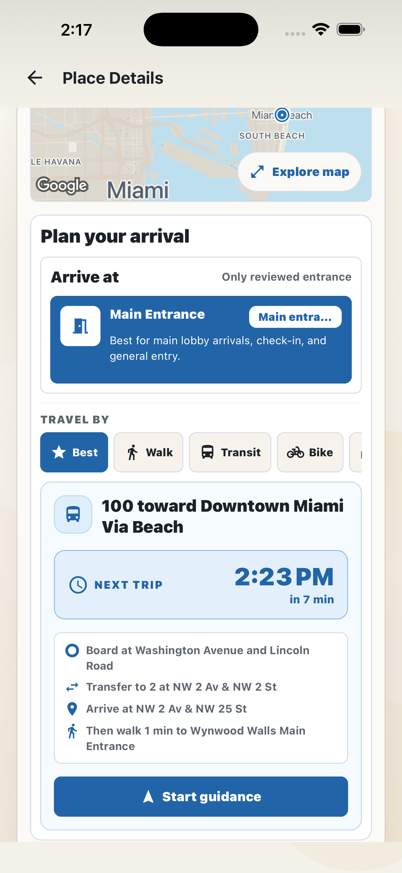 Travel By choices and recommended transit route with the next pickup time