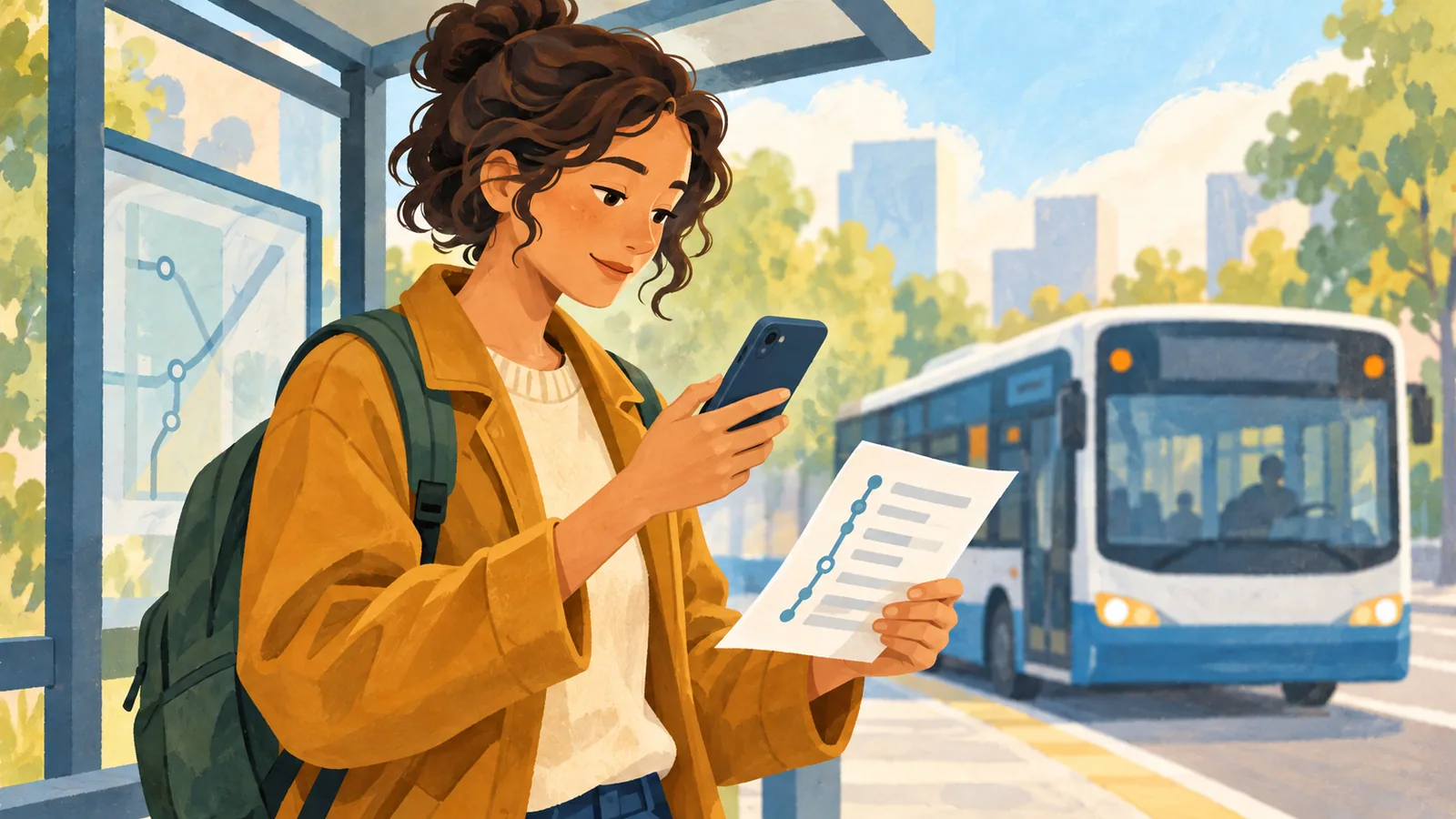 Editorial illustration of a rider reading a phone held with its screen toward her, beside an unbranded bus.