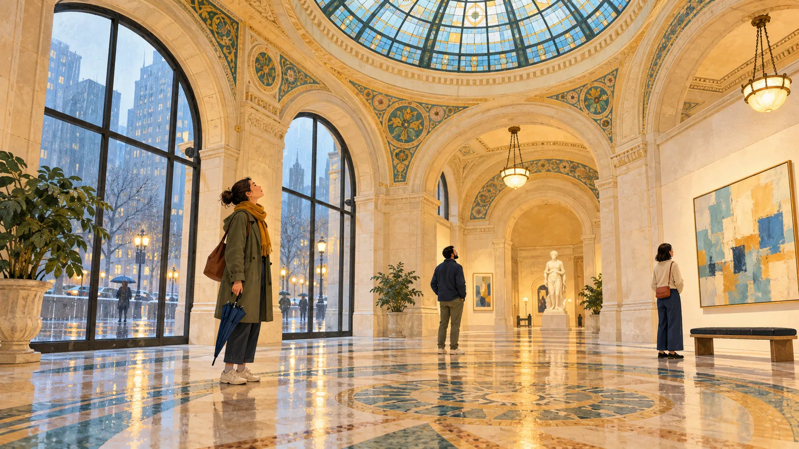 Conceptual editorial illustration of visitors noticing glass, arches and art inside an ornate civic cultural building on a rainy day.