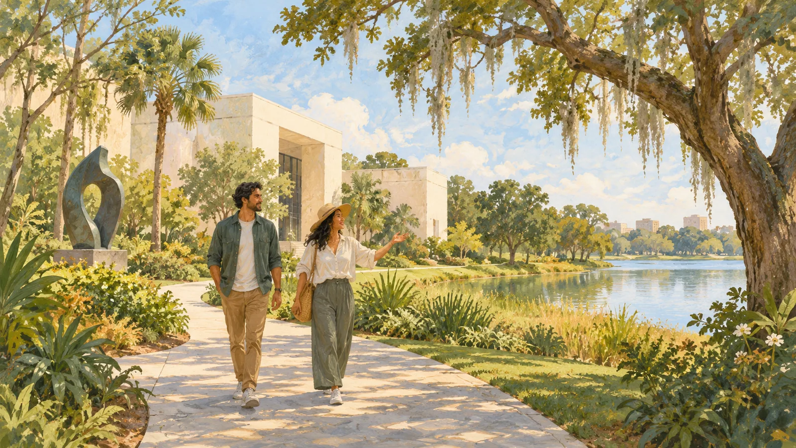 Conceptual illustration of two visitors walking through a leafy cultural park beside a lake and an imagined museum building.