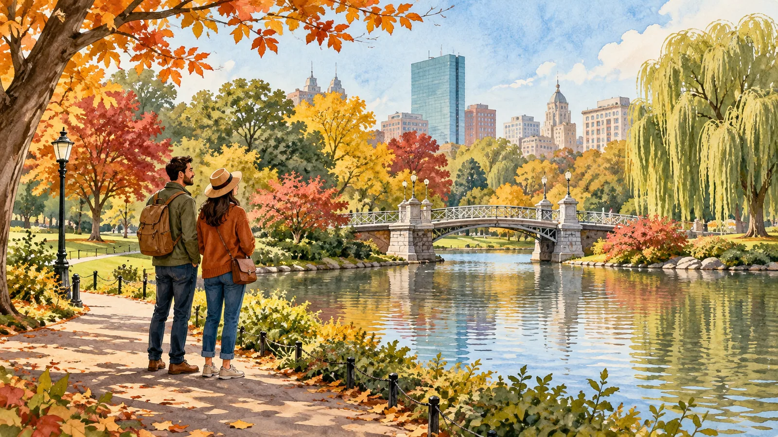 Editorial illustration of two visitors beside a garden pond and footbridge amid autumn trees.