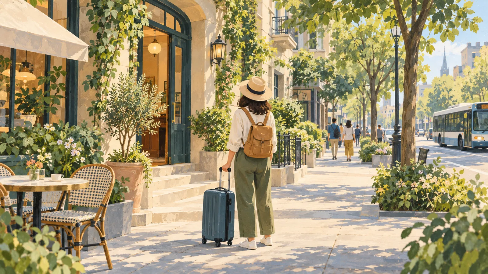 A traveler with a suitcase pauses beside a leafy neighborhood lodging entrance, with a café and an unbranded bus along the street.
