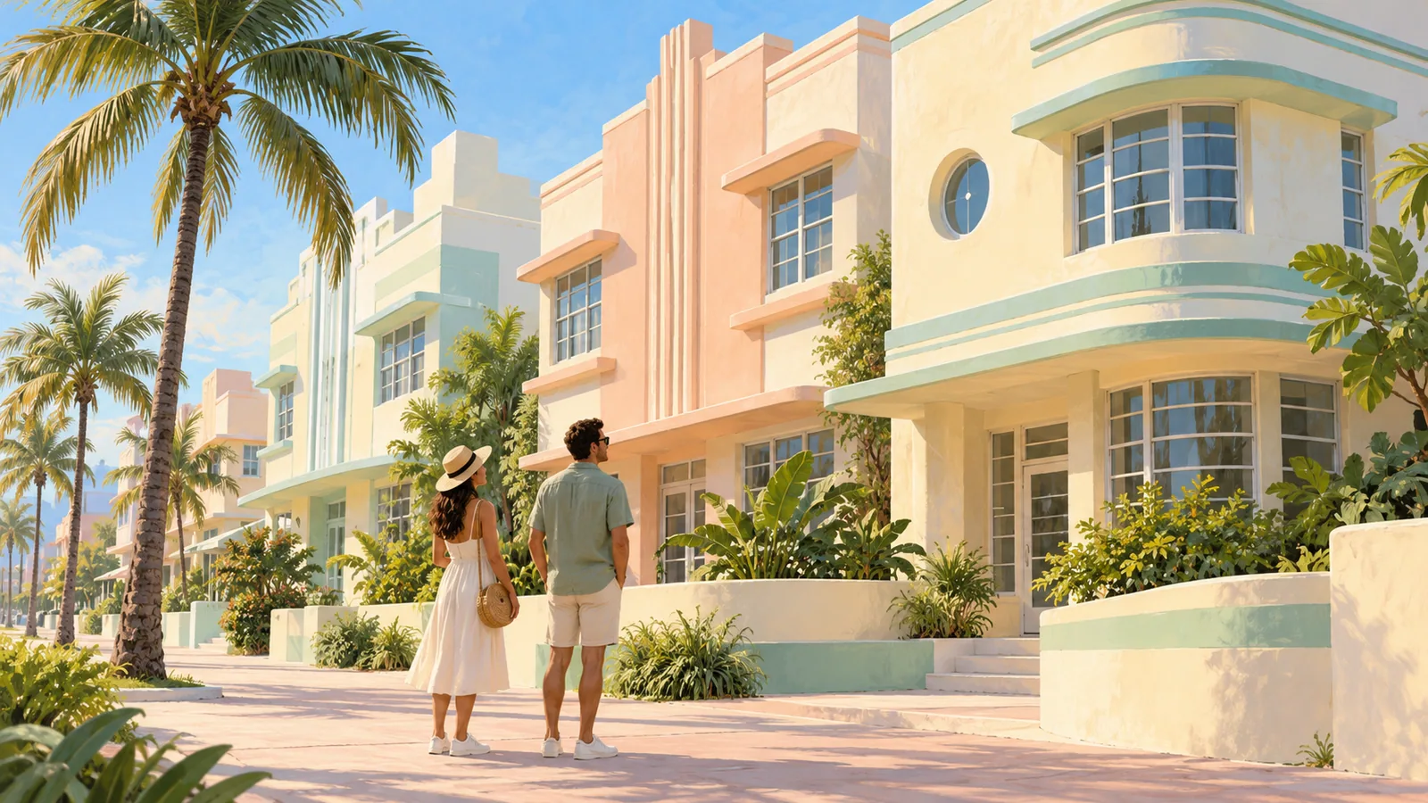 Conceptual illustration of two visitors noticing pastel Art Deco-inspired façades, stepped rooflines and a round window beside a palm-lined sidewalk.