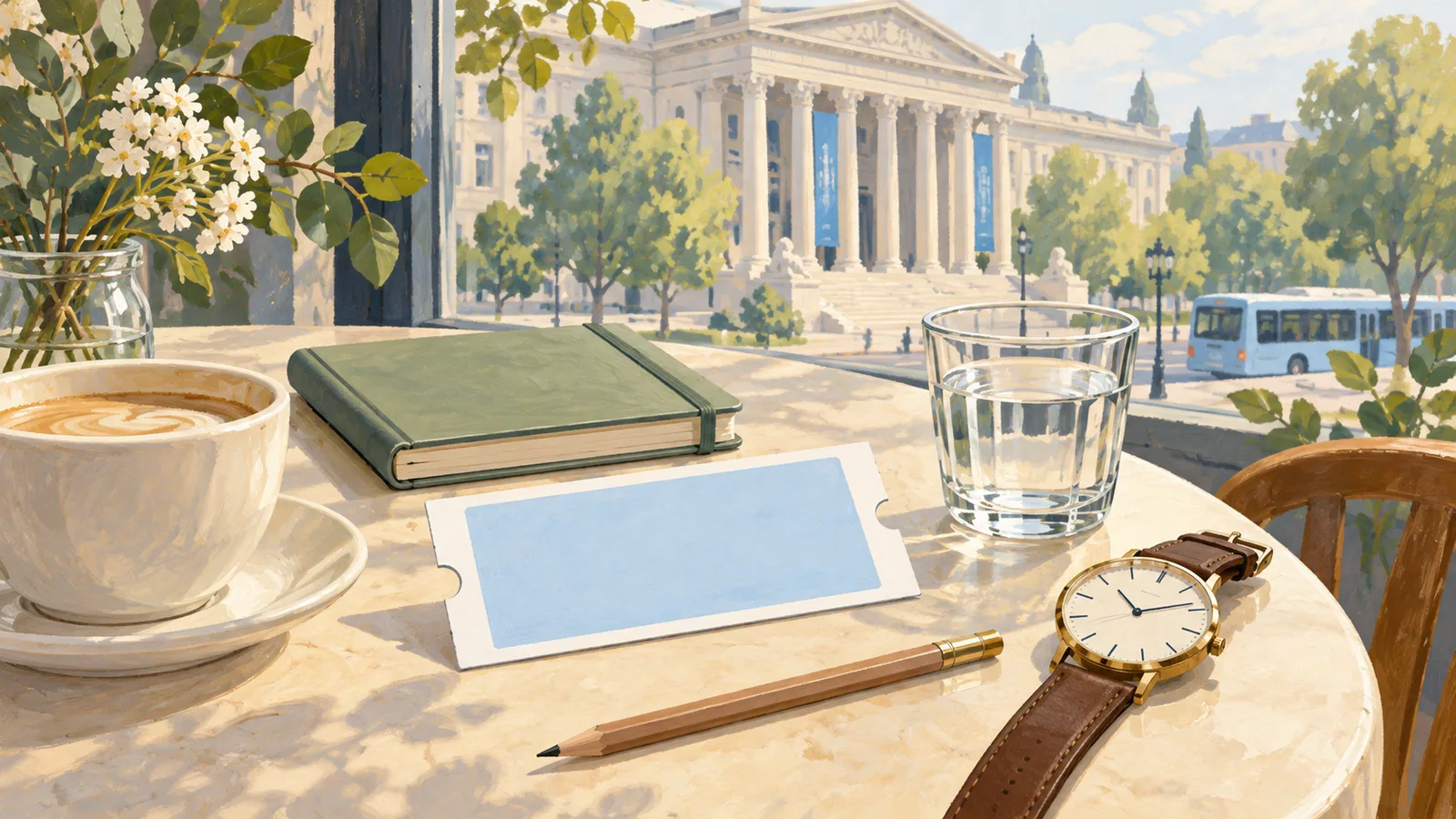 Editorial illustration of a blank admission card, notebook and watch on a café table near a museum.
