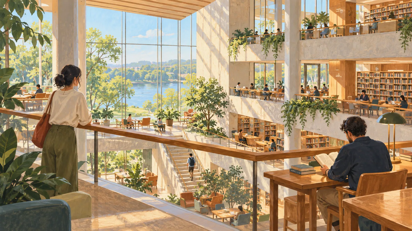 Conceptual illustration of a warm, daylit library atrium with layered balconies, books and two visitors.