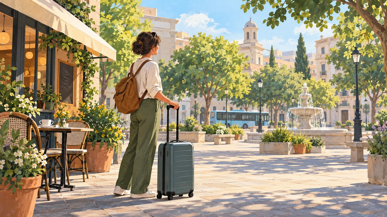 Editorial illustration of a traveler with a rolling suitcase pausing beside a leafy city square and café.