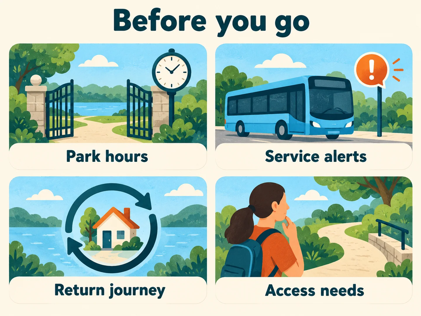 Before-you-go checklist: park hours, service alerts, return journey, and access needs.