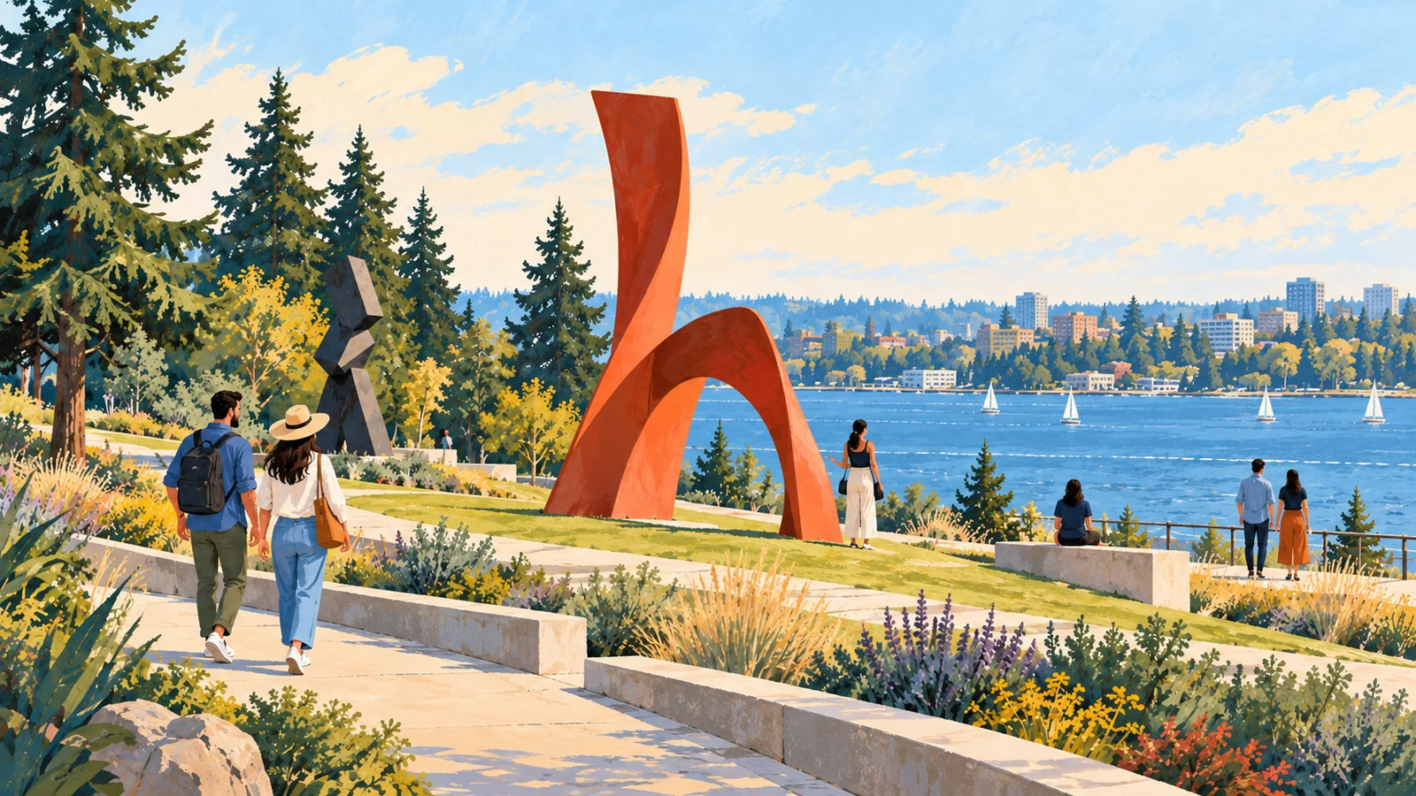 Editorial illustration of visitors exploring abstract art in a landscaped waterfront garden with evergreen trees.