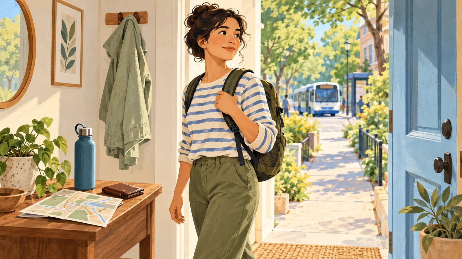 Editorial illustration of a rider with a daypack at a doorway, with a written plan, wallet and water bottle ready nearby.