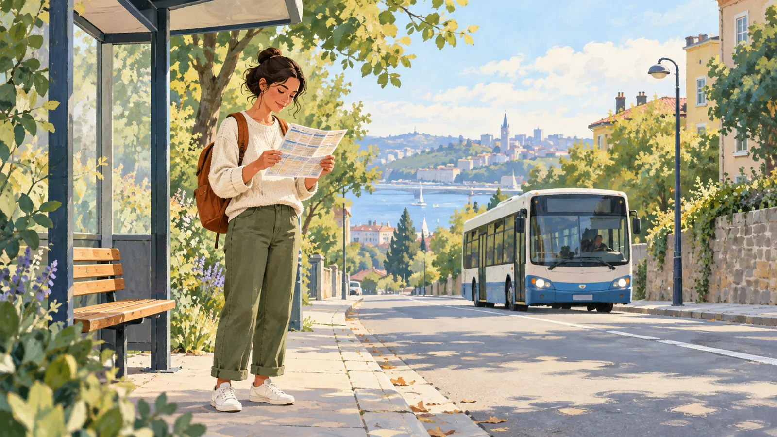 Conceptual illustration of a traveler reading a folded paper schedule beside a leafy, unbranded bus stop.