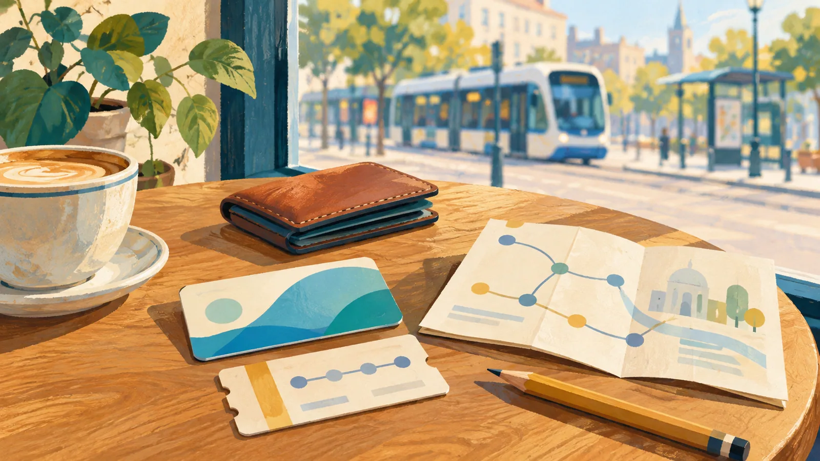 Editorial illustration of an unbranded transit card, paper ticket, wallet and folded journey note on a café table.