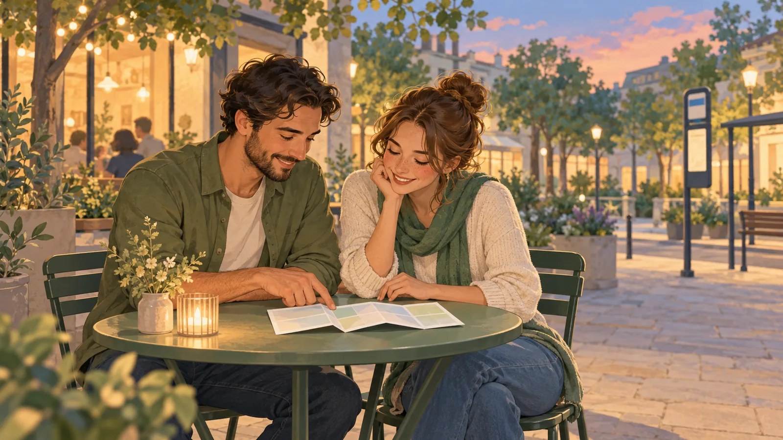 Conceptual illustration of two adults reviewing a folded paper plan at an outdoor café table in a leafy plaza at dusk.