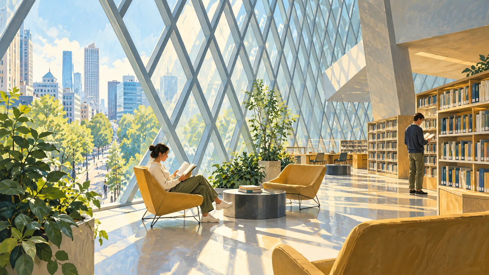 Conceptual illustration of two readers among books, greenery and diamond-pattern windows in a light-filled modern library.