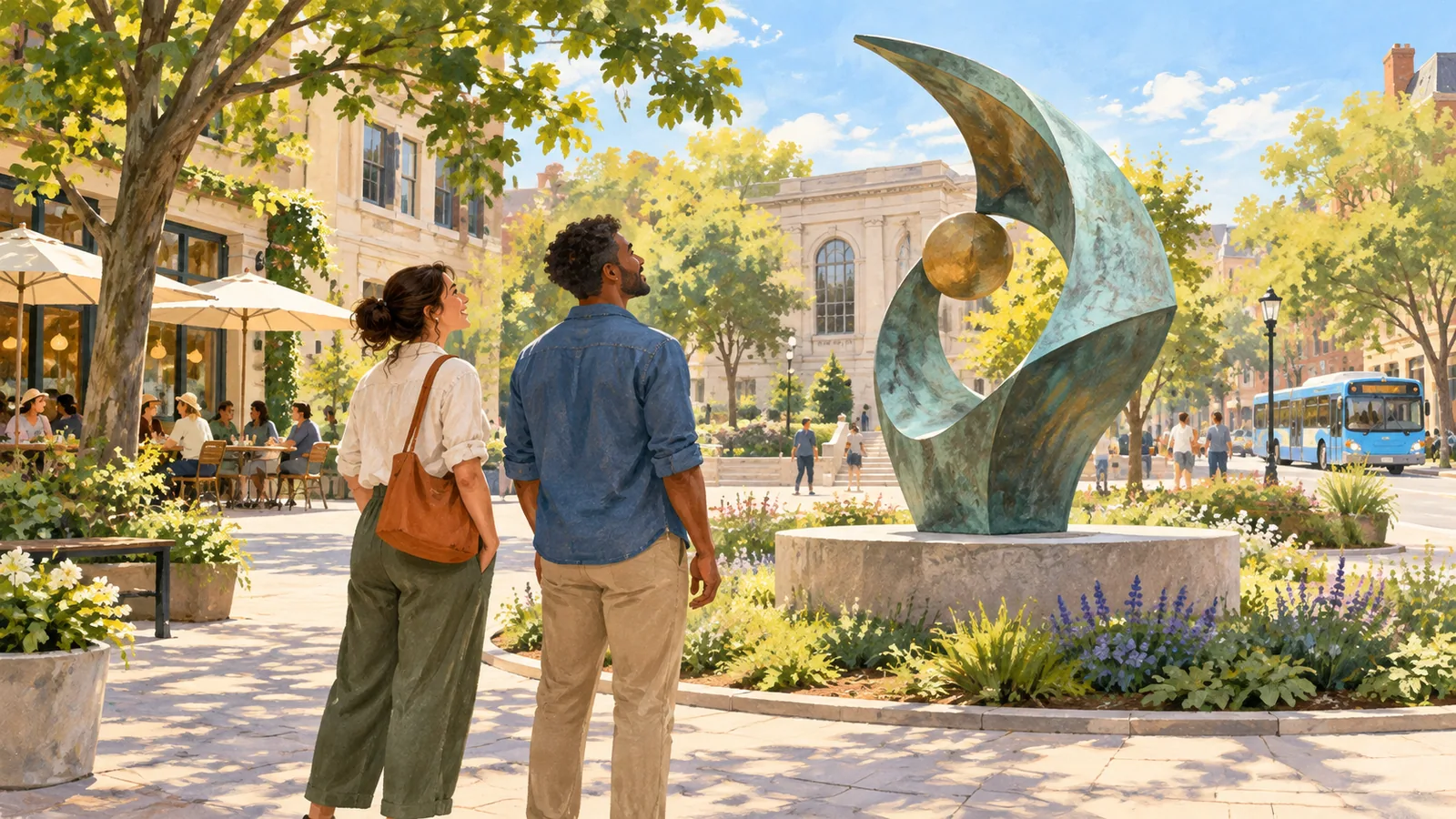Editorial illustration of two friends pausing to notice an abstract sculpture in a leafy neighborhood square.