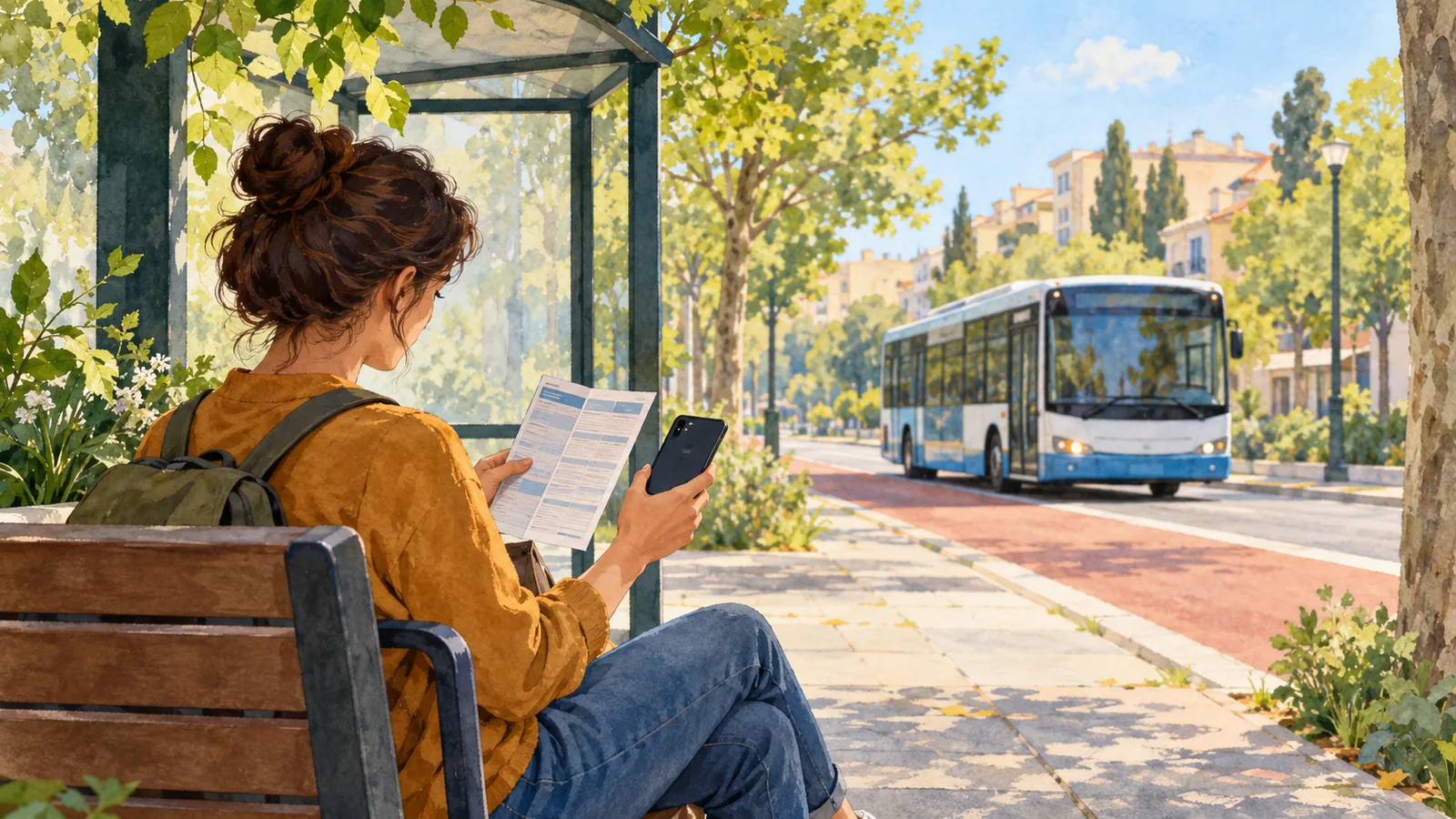 Conceptual illustration of a traveler comparing a paper timetable and a phone beside a leafy, unbranded bus stop.
