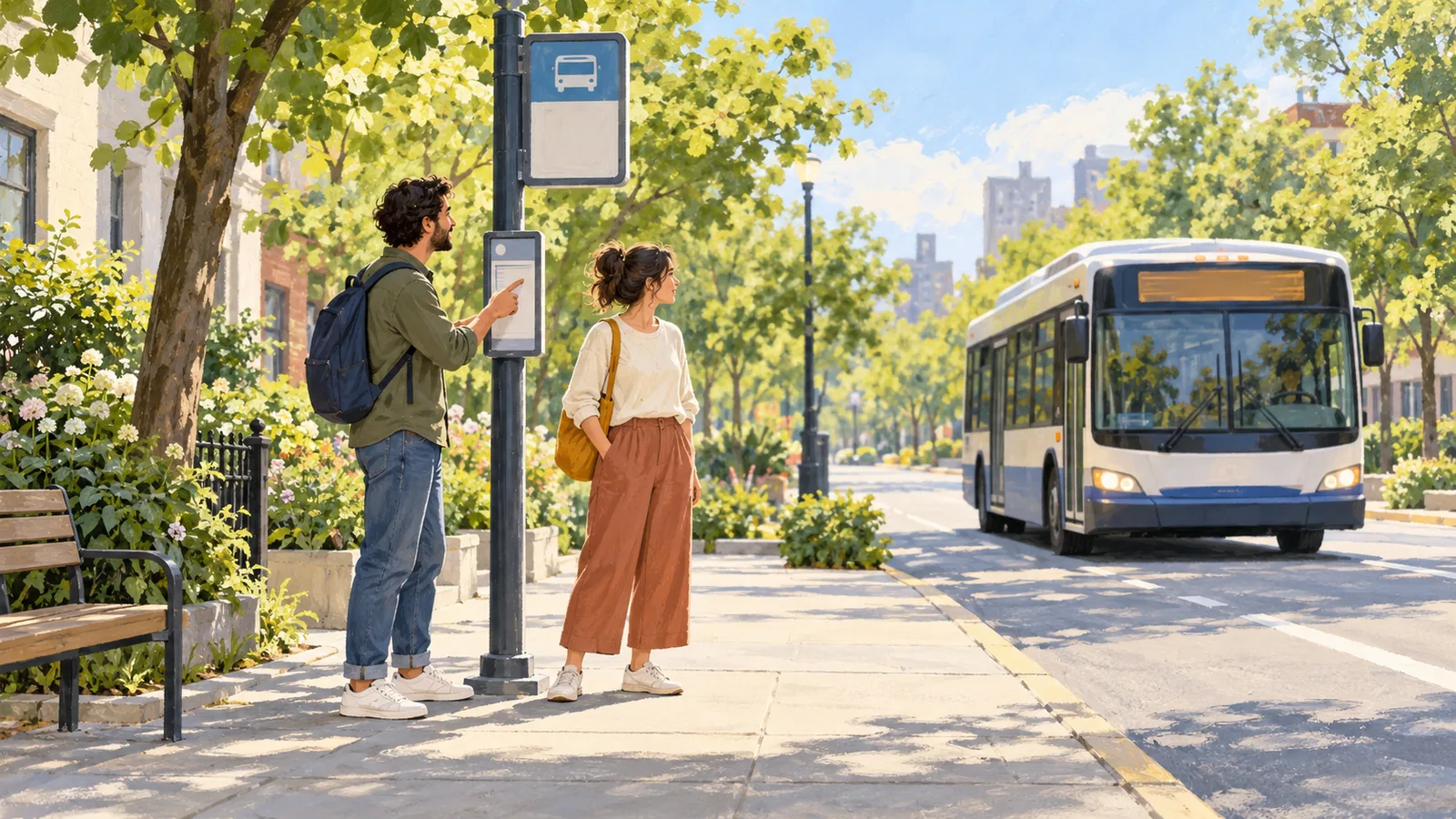 Conceptual illustration of two people checking a stop information panel and an approaching unbranded bus on a leafy street.