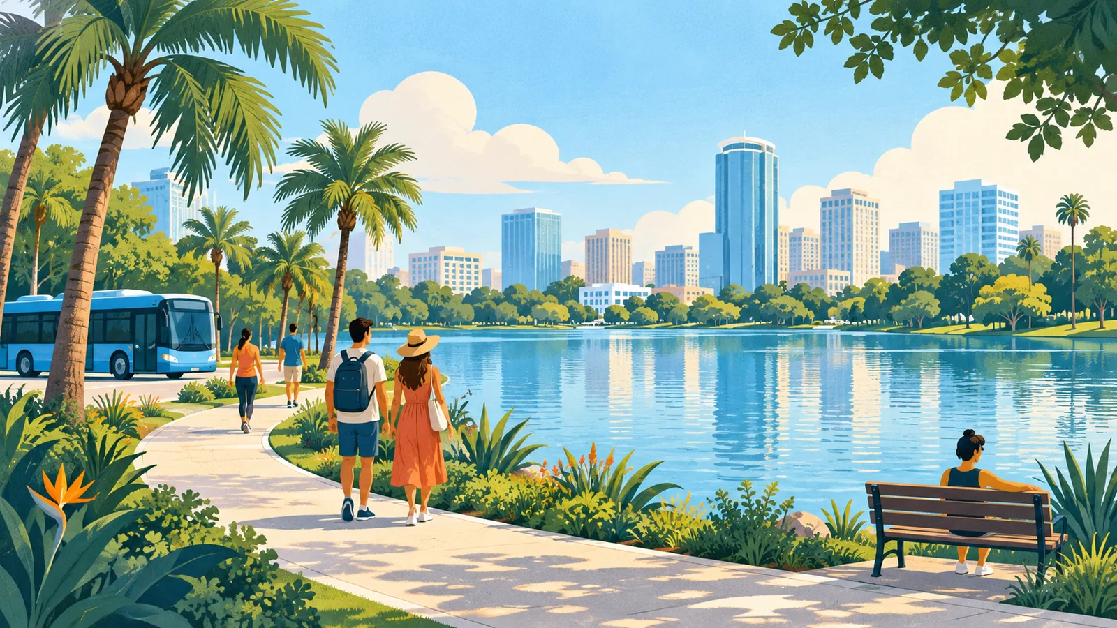 Editorial illustration of people walking beside a blue lake with palm trees and an unbranded blue bus.