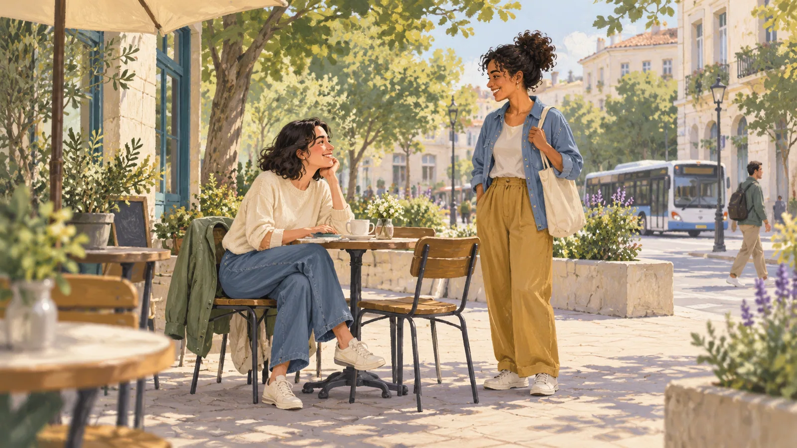 Two friends greet each other beside a leafy café plaza, with an unbranded bus in the background.